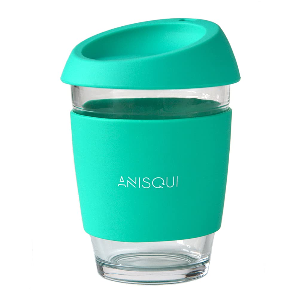 AniSqui Glass Travel Mug, 12oz 350ml Portable Coffee Cup with Lid (Green)