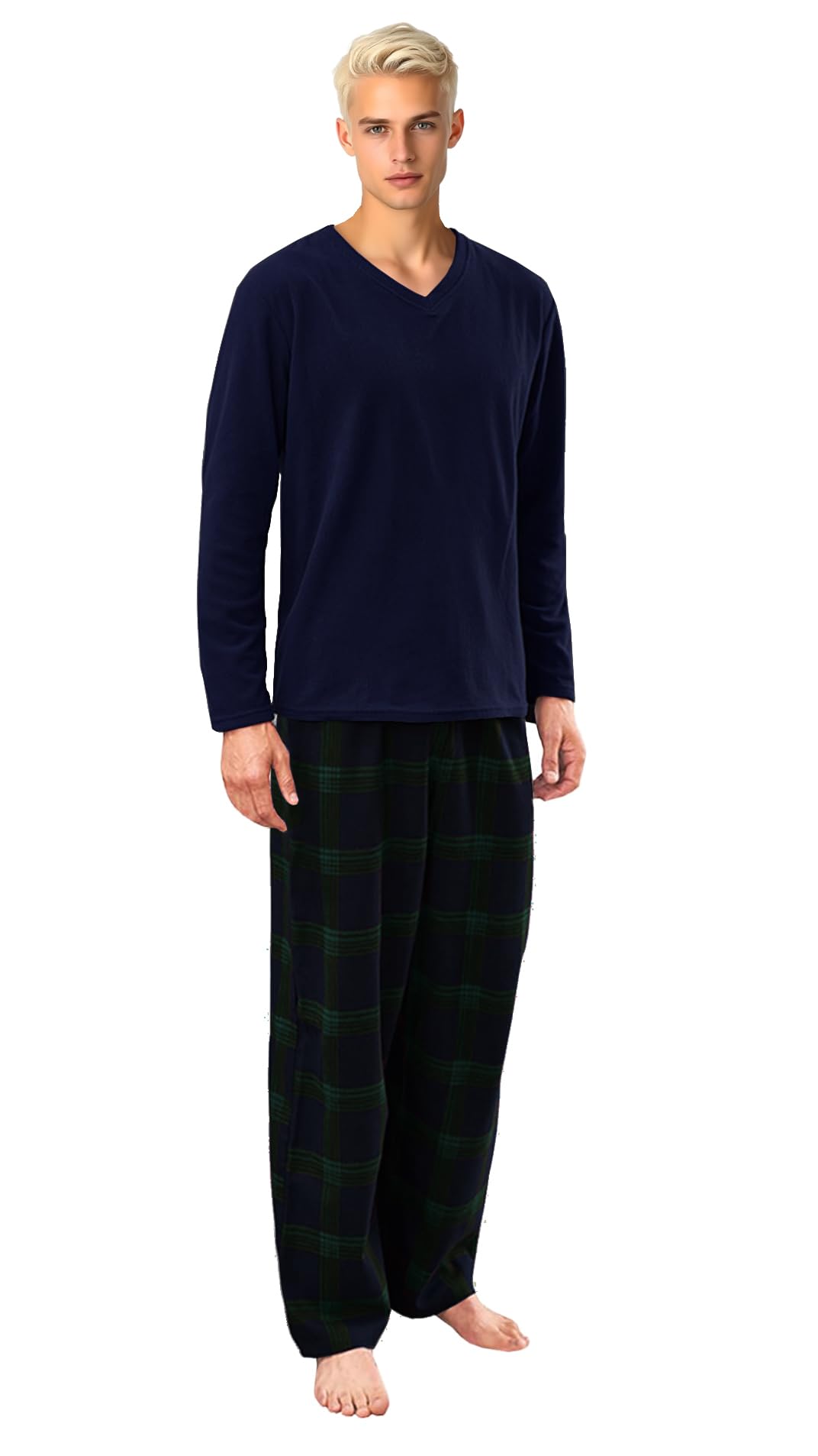 Nikaro Men's Ribbed Fleece Christmas Pyjama Set Festive Navy with Tartan Bottoms Cosy Winter Nightwear (Navy) XXL