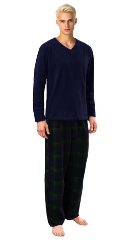 Nikaro Men's Ribbed Fleece Christmas Pyjama Set Festive Navy with Tartan Bottoms Cosy Winter Nightwear (Navy) XXL