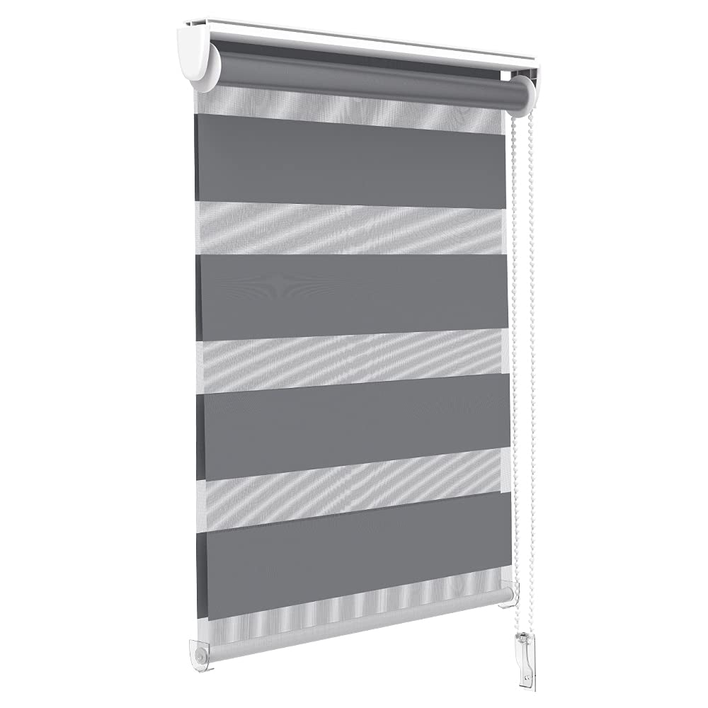 VOUNOT Zebra Roller Blind Double Fabric, Day and Night Translucent or Blackout Vision Curtains, No Drilling for Window and Door, Grey, 55 x 150 cm