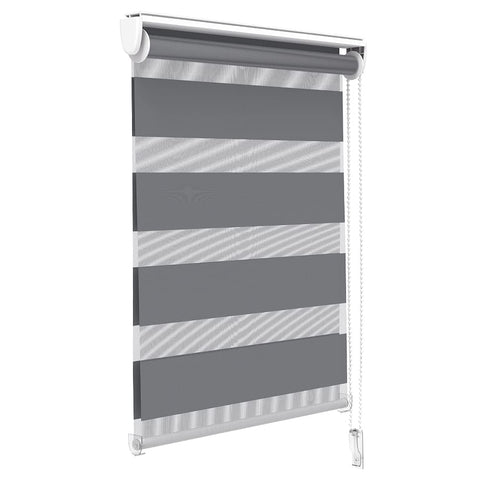 VOUNOT Zebra Roller Blind Double Fabric, Day and Night Translucent or Blackout Vision Curtains, No Drilling for Window and Door, Grey, 55 x 150 cm