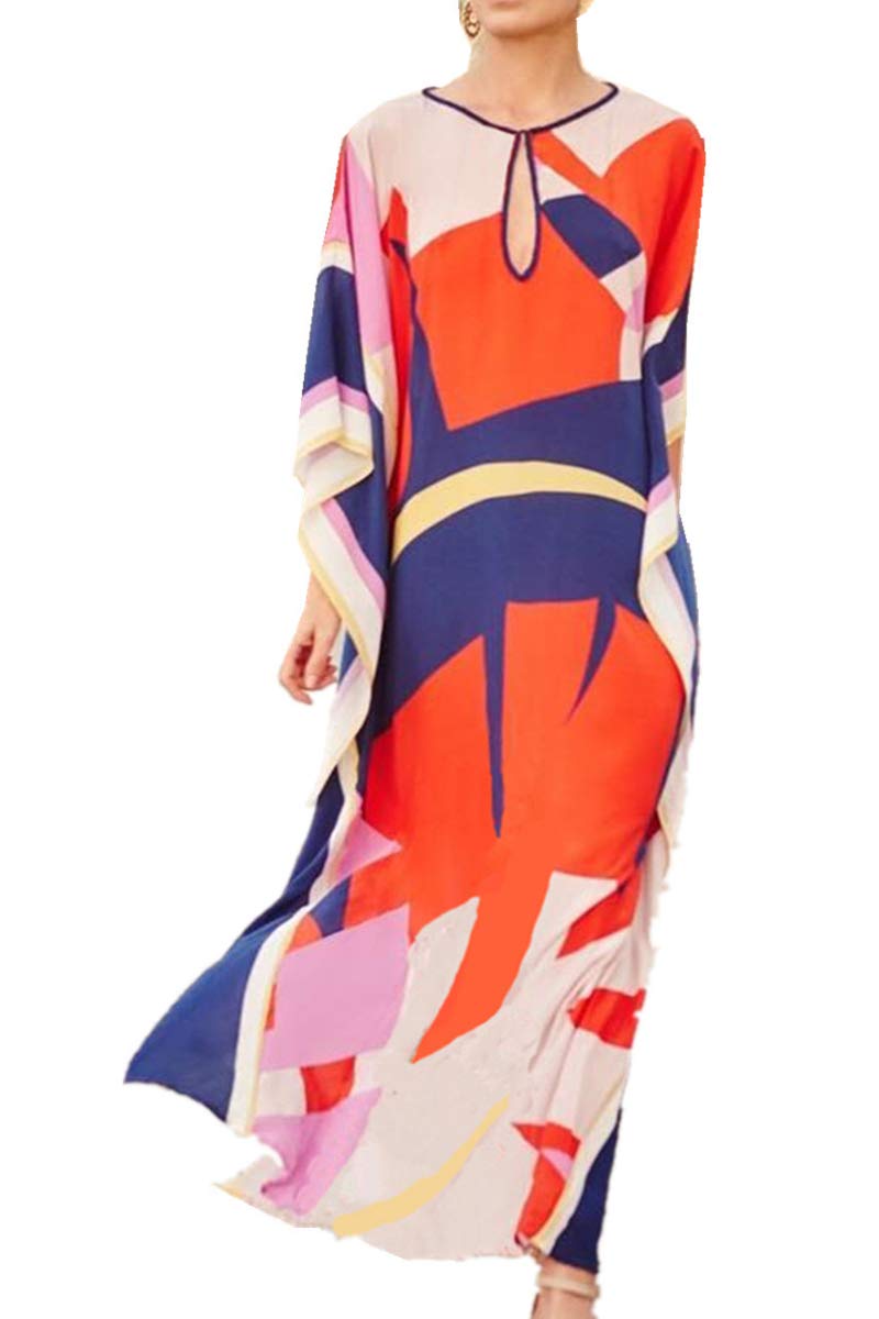 YouKD Summer Print Floral Loose Caftan Boho Beach Bikini Cover Up Dress Plus Size Robe for Women Orange Blue