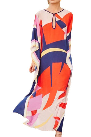 YouKD Summer Print Floral Loose Caftan Boho Beach Bikini Cover Up Dress Plus Size Robe for Women Orange Blue