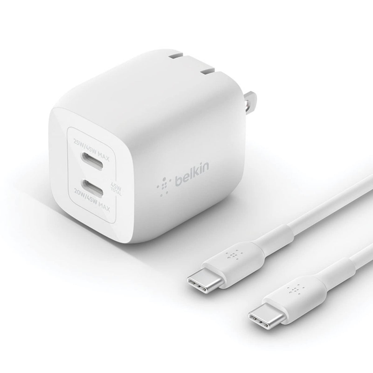 Belkin BoostCharge Pro 45W Dual USB-C GaN Wall Charger, Multi-Port Charger w/ 2X USB-C PD 3.0 Fast Charge Ports for MacBook, iPhone, iPad, Galaxy, Google Pixel, & More + USB-C to USB-C Cable - White