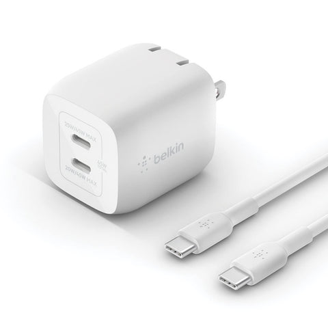 Belkin BoostCharge Pro 45W Dual USB-C GaN Wall Charger, Multi-Port Charger w/ 2X USB-C PD 3.0 Fast Charge Ports for MacBook, iPhone, iPad, Galaxy, Google Pixel, & More + USB-C to USB-C Cable - White
