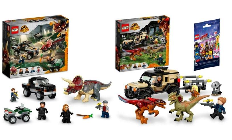 Lego Jurassic World Dominion Building Kit Bundle - Pyroraptor & Dilophosaurus Transport - Triceratops Dinosaur Pickup Truck Ambush Gift Set (Lego 76950 + 76951 + Mystery Minifigure)