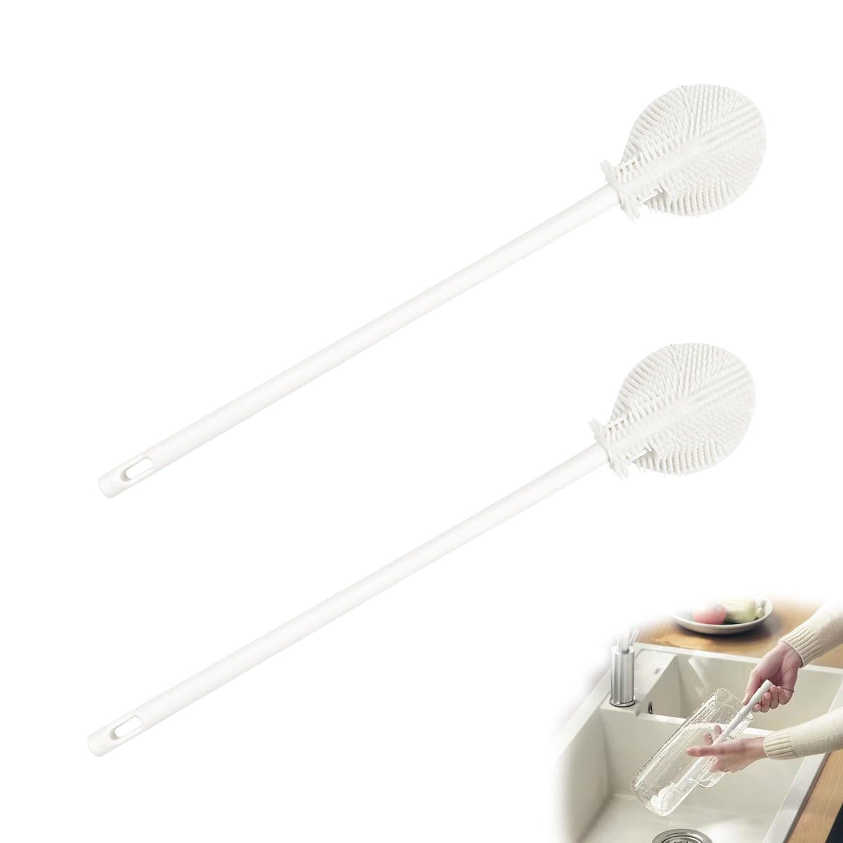 LERANXIN Cup Cleaning Brush, Pack of 2, White Silicone Bottle Brush, Long Handle Brush, Bottle Cleaning, Brush Head, Foldable, with Hanging Hole, Used for Cups, Teapots and Wine Glasses