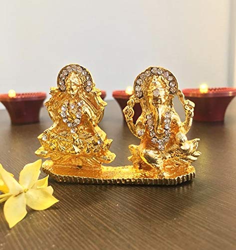 Itiha Goddess Lakshmi/Shri Lakshmi/Lakshmiji/Goddess of Wealth with Ganesha/Ganpati/Lakshmi Ganesha Golden Statue for Home Temple or Car Dashboard -2.5 inch