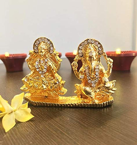 Itiha Goddess Lakshmi/Shri Lakshmi/Lakshmiji/Goddess of Wealth with Ganesha/Ganpati/Lakshmi Ganesha Golden Statue for Home Temple or Car Dashboard -2.5 inch
