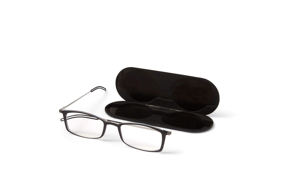 ThinOptics Brooklyn Reading Glasses 2.00 Rectangular Black Frames With Milano Magnetic Case - Thin Lightweight Compact Readers 2.00 Strength