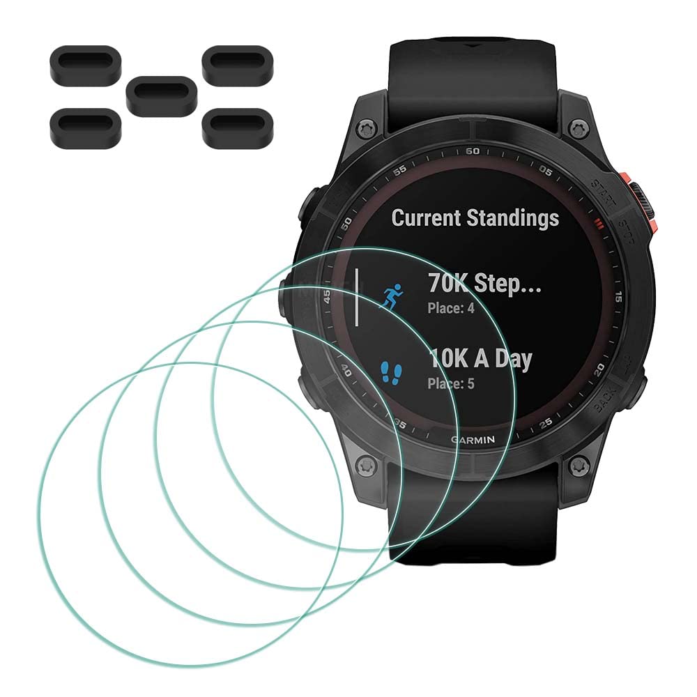 MTHGH Screen Protector for Garmin fenix 7/7 Sapphire Solar Smartwatch [4 Pcs] + Anti-dust Plugs 5Pcs, Tempered Glass 9H Hardness Anti-Scratch Bubble Free Film Ultra-Thin Protective Cover