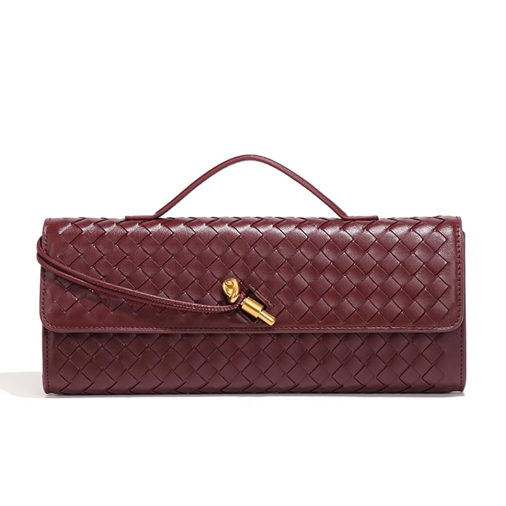Dreubea Women's Handmade Woven Evening Bag Casual Leather Shoulder Handbag Fashion Crossbody Clutch Purse Wine Red