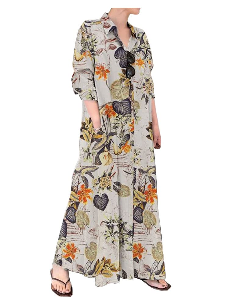 Ladyful Women's Casual Printed Button Down Cotton Linen Shirt Dress