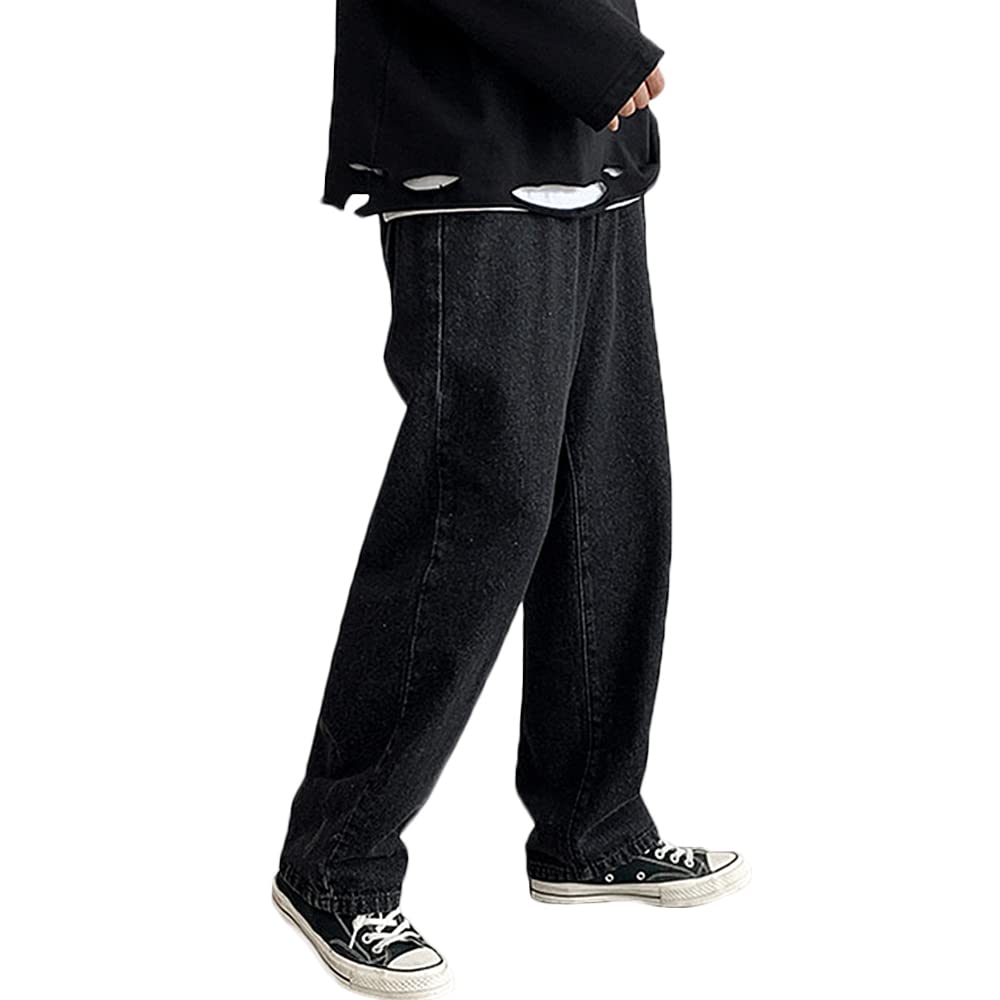 Rexcyril Men's Loose Fit Straight Leg Denim Jeans Baggy Wide Leg Plain Pants Trousers, Black, 27