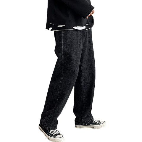Rexcyril Men's Loose Fit Straight Leg Denim Jeans Baggy Wide Leg Plain Pants Trousers, Black, 27