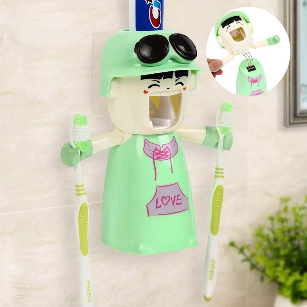 Kids Toothbrush Holders with Cup, Cute Hands Free Toothpaste Dispensers Children Automatic Cartoon Toothpaste Squeezer case, Wall-Mounted Bathroom Kit Easy to Clean (Green)