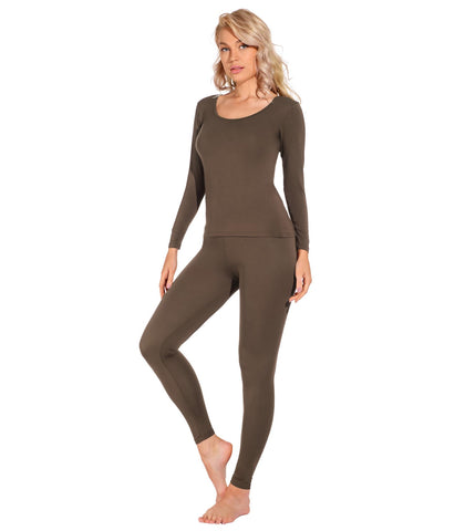 Liang Rou Women's Crew Neck Top & Bottom Ultra Thin Thermal Underwear Set Coffee Brown Medium
