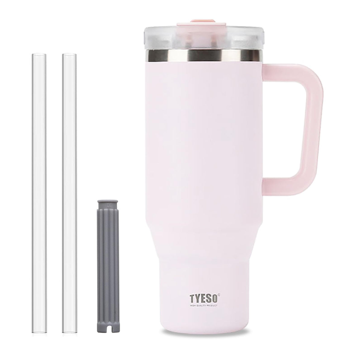 Klaraber Tumbler with Straw and Lid, 40oz Insulated Travel Cup with Straw, Double Wall Stainless Steel Iced Coffee Cup, Leak-Proof Travel Mug, Large Tumbler Cup with Handle (Light Pink)