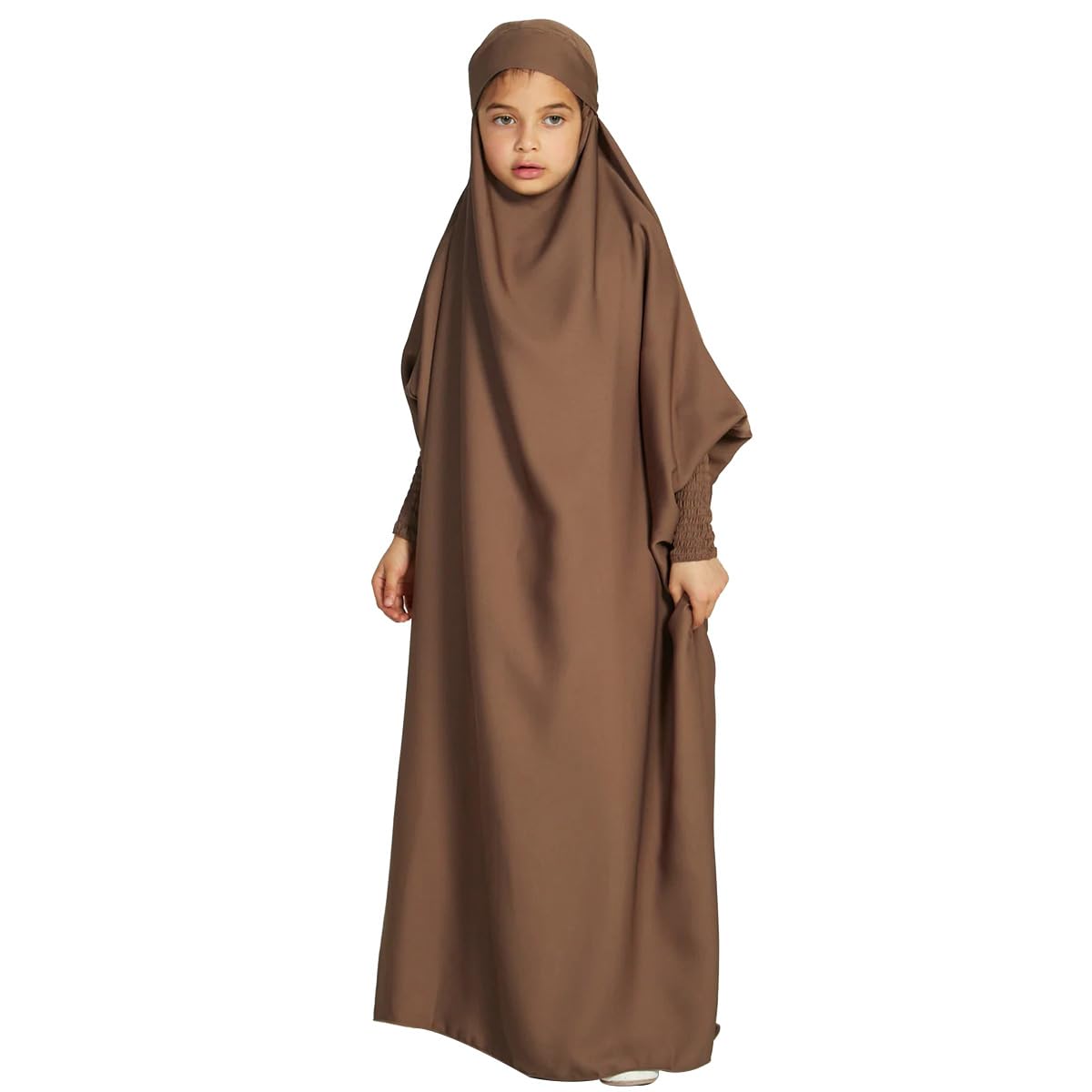 ODIZLI Abaya Muslim Girls Dress Islamic Prayer Dress For Kid Girls Muslim Jilbabs Muslin Thoub Isdal Jilbab For Muslim Girl One Piece Ramadan Abayas For Kid Dubai Eid Dresses Coffee Kids 11-12 Years