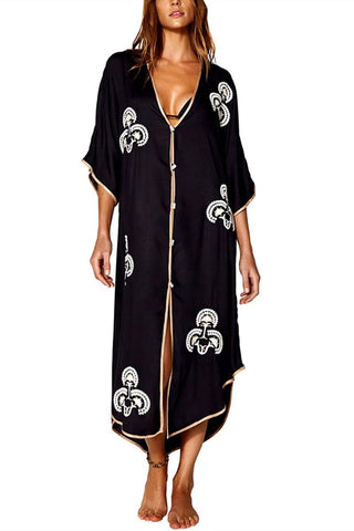 YouKD Summer Embroidered Floral Loose Cardigan Boho Beach Bikini Cover Up Dress Plus Size Robe for Women Black