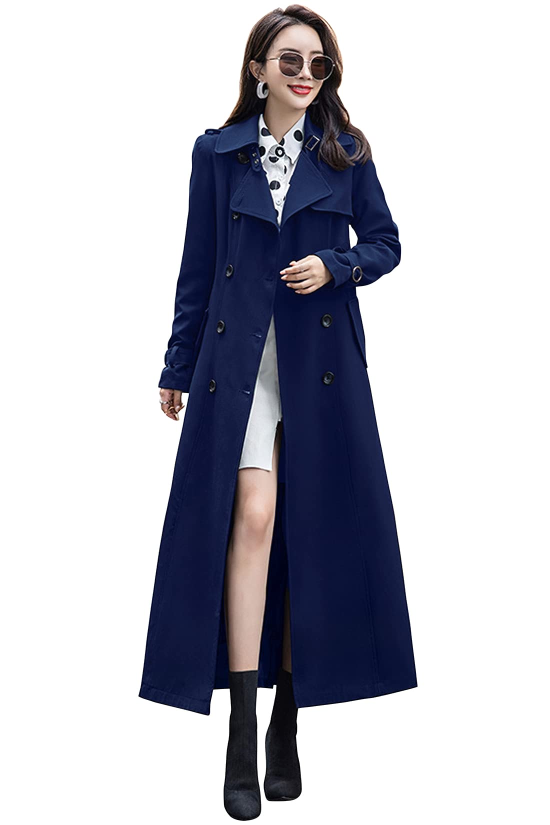 ebossy Women's Double Breasted Duster Trench Coat Slim Full Length Maxi Long Overcoat (X-Small, Navy)