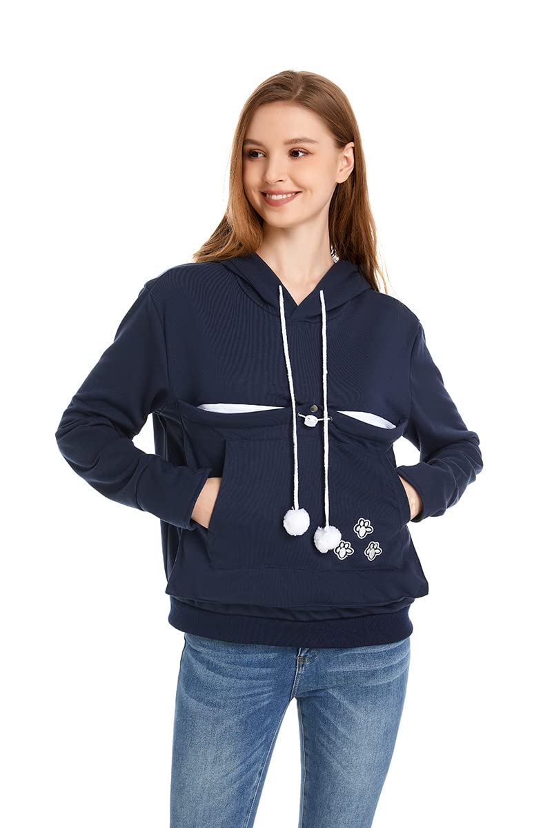 Cat Dog Pouch Hoodie Large Pet Pouch Sweatshirt Puppy Kitten Holder Carrier Pullover Shirt Unisex Hoodies, Dark Blue, XL