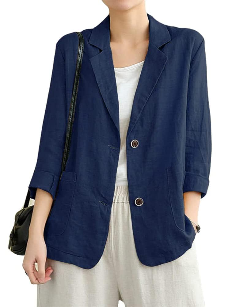 Cotton Linen Blazer for Womens Long Sleeve Loose Casual Blazer Jackets(Navy, M)