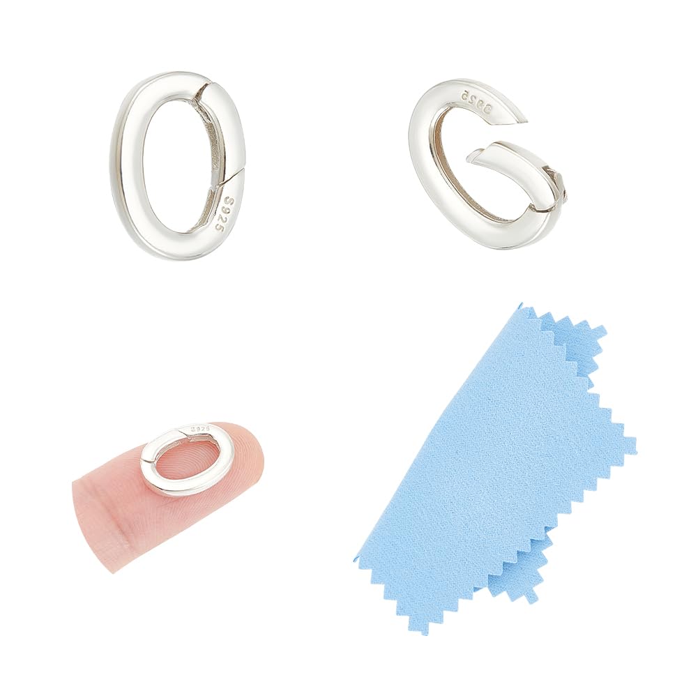 UNICRAFTALE 2Pcs 925 Sterling Silver Plated Spring Gate Rings Oval Spring Clasp Metal Keychain Carabiner Lock Clasps Connectors 14mm Necklace Enhancer Shortener Clasp with Clean Cloth