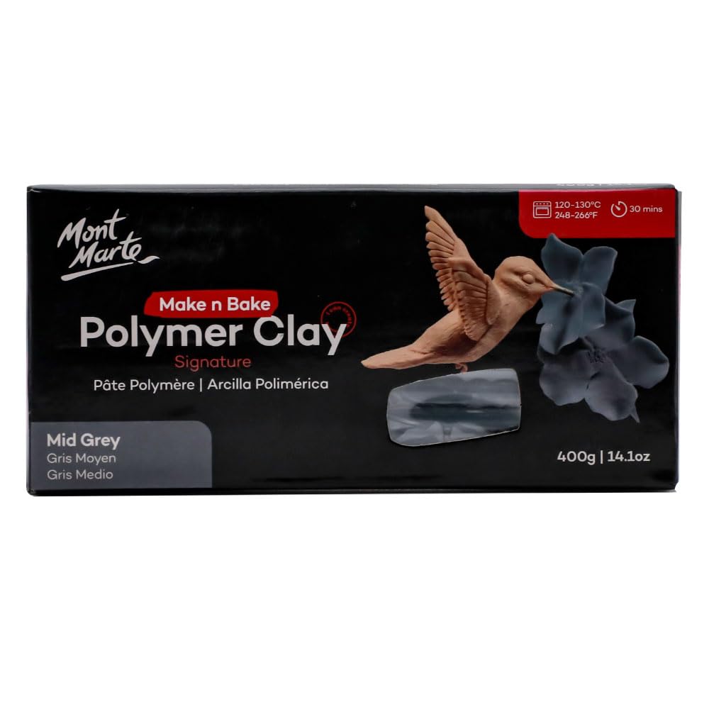 Mont Marte Make n Bake Polymer Clay Signature Mid Grey 400g (14.1oz) Block, Bake in Oven, Soft and Smooth, Sculpting, Craft, DIY DÃ©cor, Jewelry