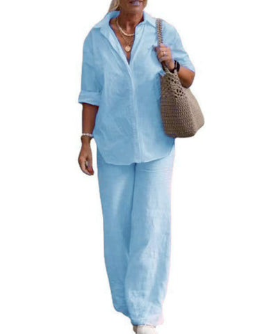 Women's Casual Loose Two Piece Set Fashion Solid Color Long Sleeve Shirt & Wide Leg Pants 2PCS Set Light Blue 3XL