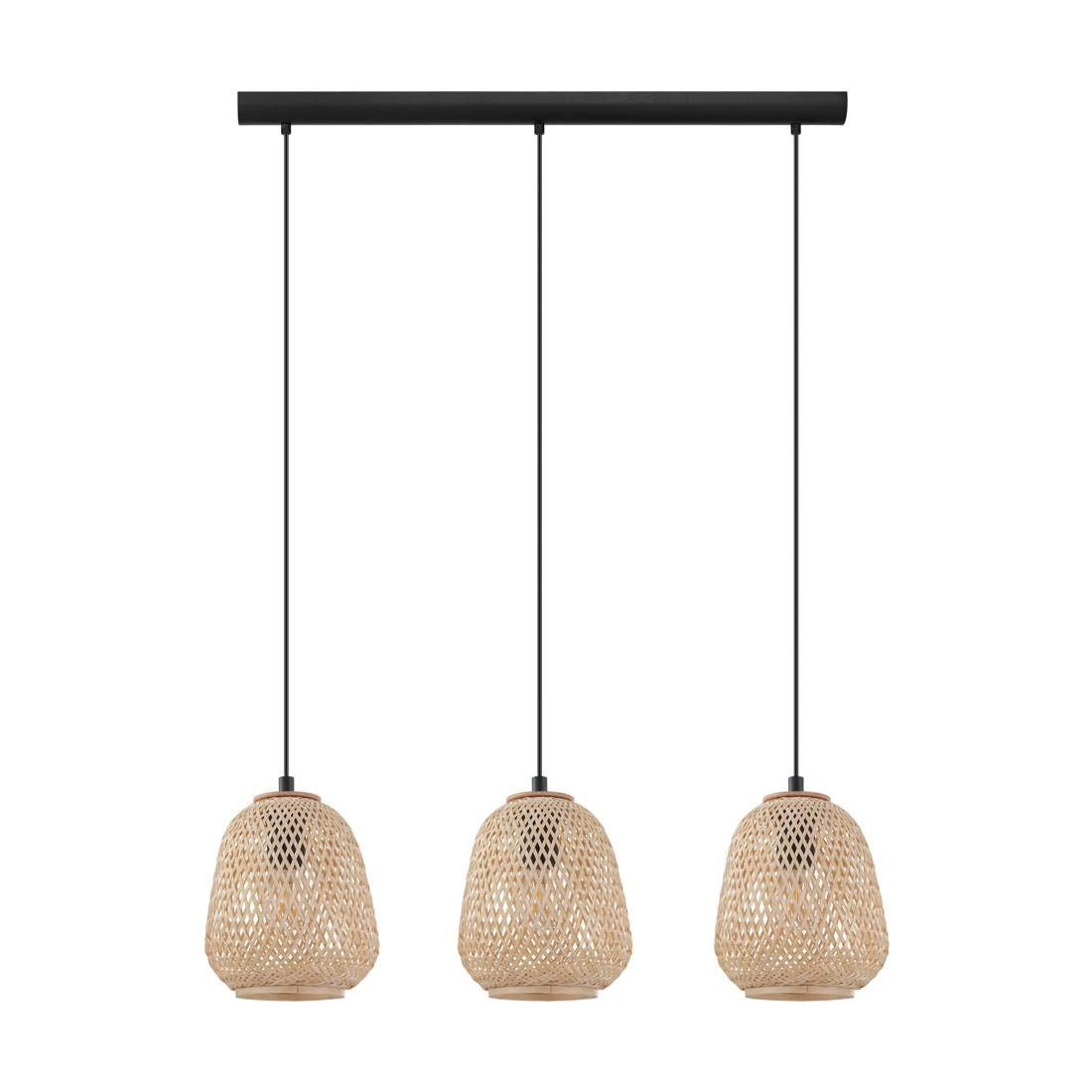Eglo Dembleby 3-Bulb Pendant Light, Vintage, Nature and Hygge Designed Ceiling Light Fitting, Braided Wooden Wicker and Steel Living Room Hanging lamp, E27 Socket