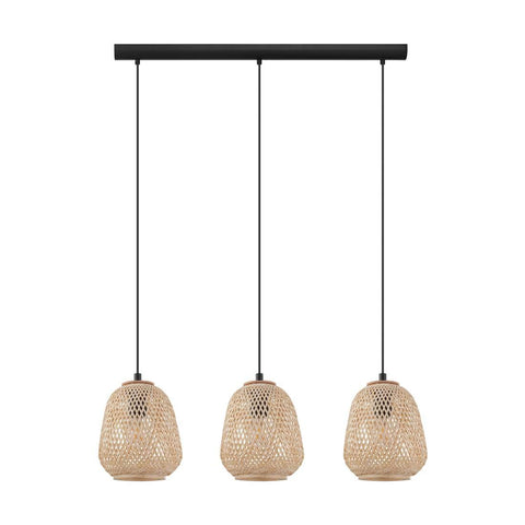 Eglo Dembleby 3-Bulb Pendant Light, Vintage, Nature and Hygge Designed Ceiling Light Fitting, Braided Wooden Wicker and Steel Living Room Hanging lamp, E27 Socket
