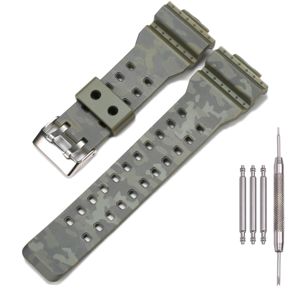 MCXGL 16mm Resin Strap Compatible with Casio ga110 ga100 ga120 gd100 g8900 Men's Rubber Replacement Watch Band (Camo army green)