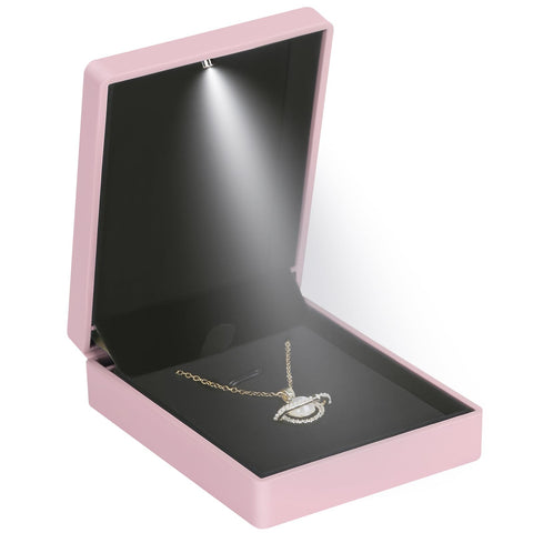 LED Light Pendant Necklace Gift Box, Velvet Jewelry Storage Display Case for Proposal Engagement Wedding Anniversary Birthday Valentine's Day (Pink)