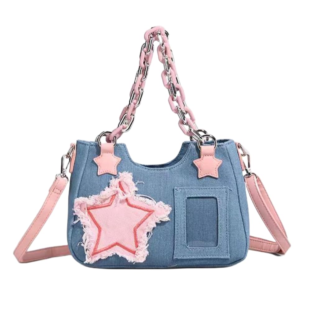 Vobomo Denim Stars Kawaii Single Shoulder Crossbody Bag Ita Bag Y2k Chains Handbag Aesthetic Cute Crossbody Bag (Light Denim)