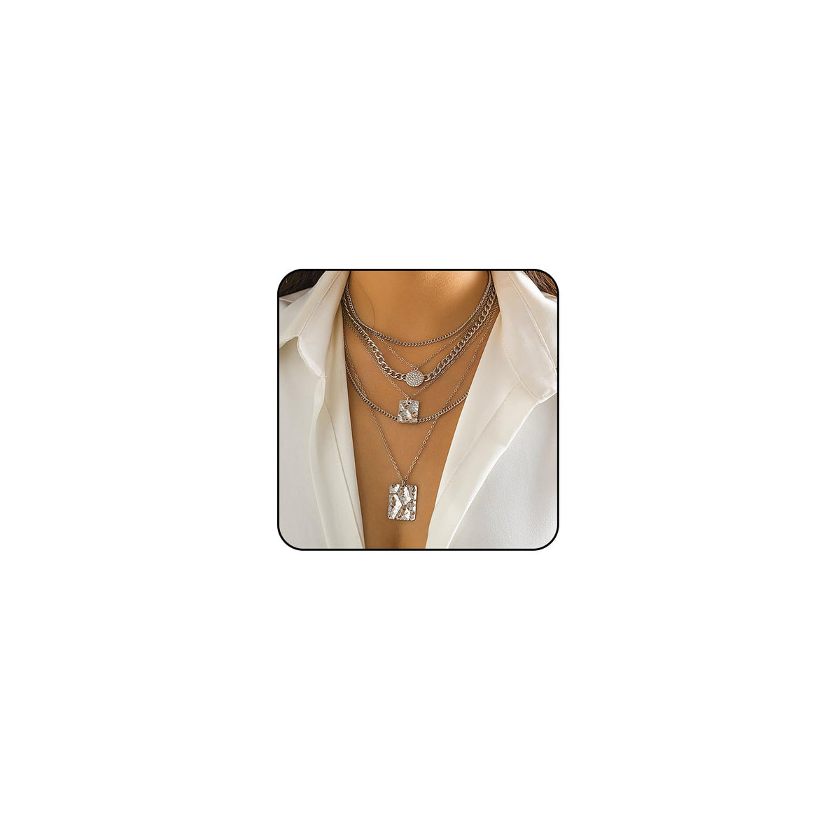 ONBRIG Layered Necklaces for Women Trendy Silver Necklace Set Non Tarnish Dainty Silver Necklace Layered Silver Necklace for Women Square Tag Coin Silver Necklace Stack Chunky Necklace (1_Silver)