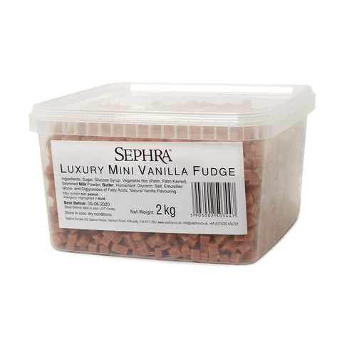 Sephra Mini Fudge Pieces 2kg- Vanilla Fudge Pieces (Approx 5-7mm in Size) in a Resealable Plastic Tub- Fudge Sweets Cubes for Baking, Decorating or Topping Waffles, Crepes and Ice Cream Sundaes