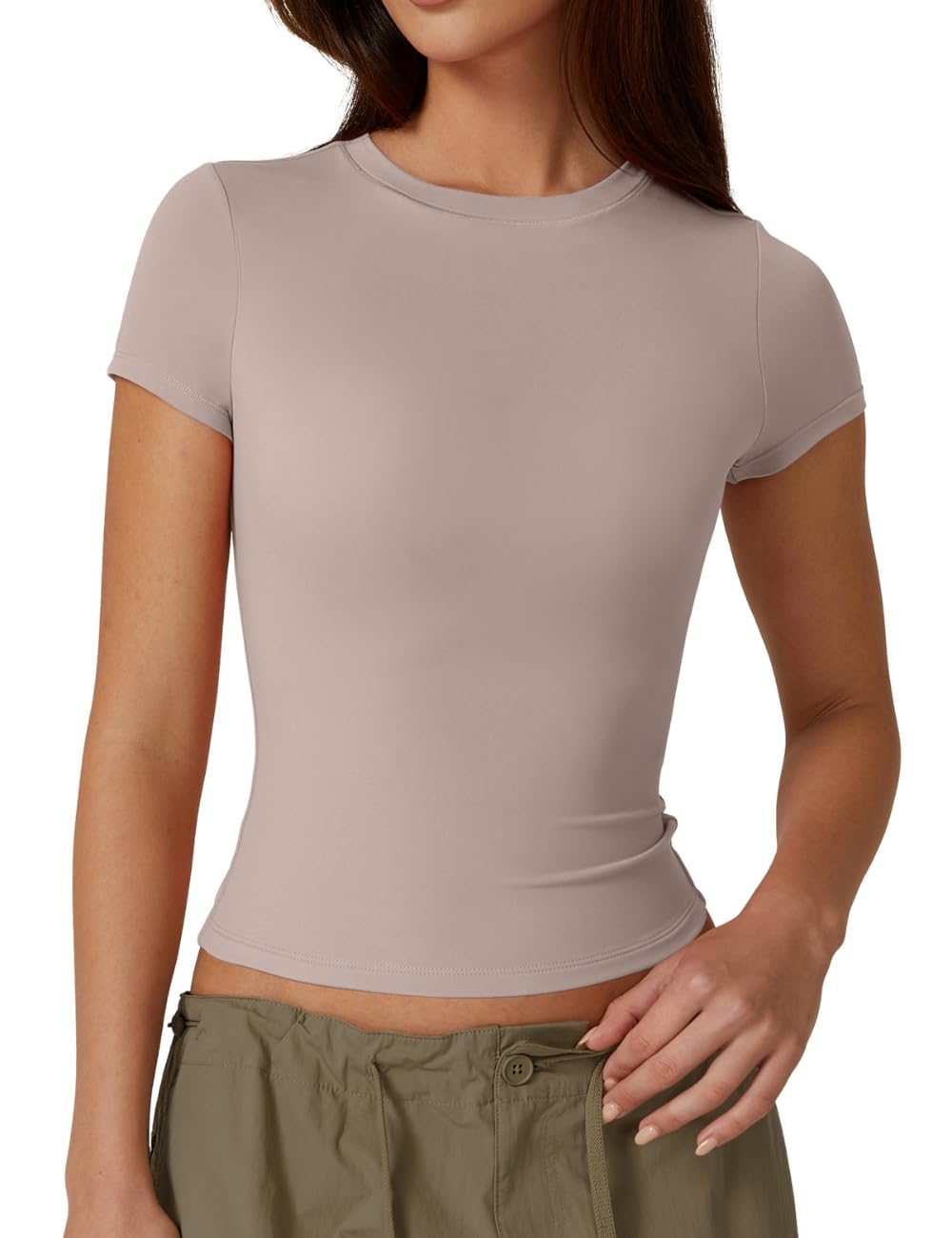 QINSEN Women's Crew Neck Short Sleeve Tops Double Lined Slim Fit T Shirts Basic Tee Pink L