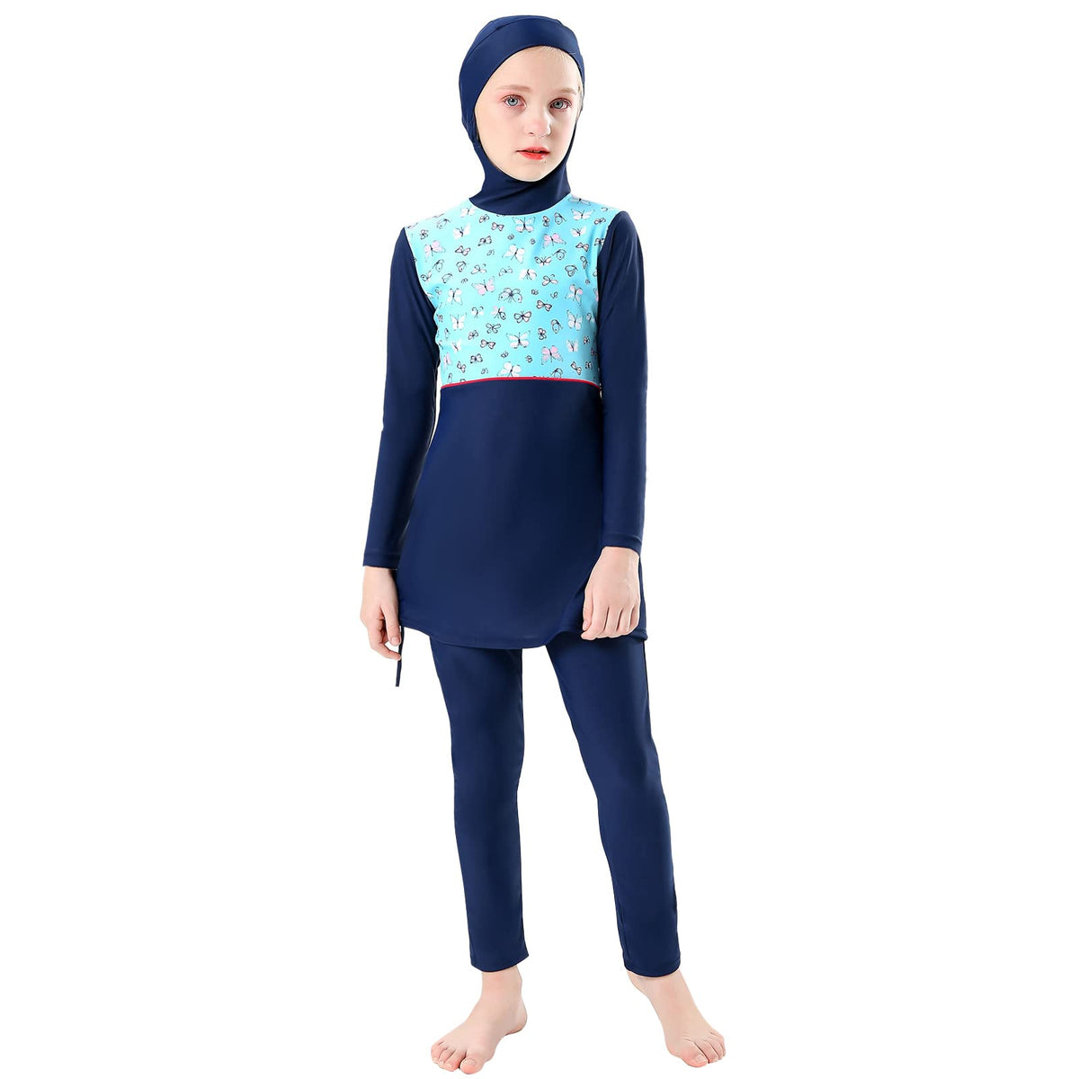 Girls Muslim Swimsuit Modest Islamic Swimwear Full Cover Hijab Top Pants 2 Pieces Bathing Suit Girls Rash Guard Swimwear Little Girls Beachwear Surfing Diving Outfits Long Sleeve Blue 11-12 Years