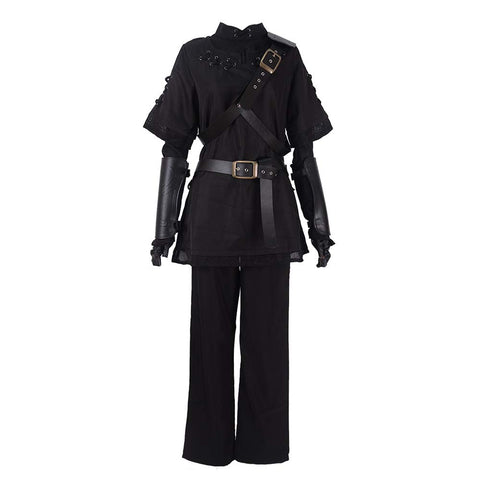 miccostumes Men's Costume Warrior Cosplay Pure Dark Black Uniform Fullset Tunic Pants With Belt and Hat(men xl)