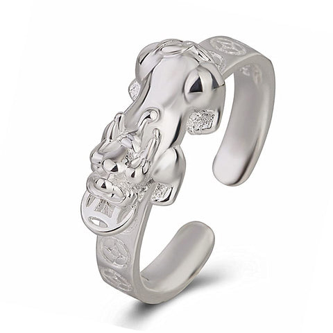 LUTAKU Feng Shui Pixiu Mantra Ring Buddhist Good Luck Amulet Mantra Double Protection Wealth Love Health Ring Gift For Men Women (Silver)