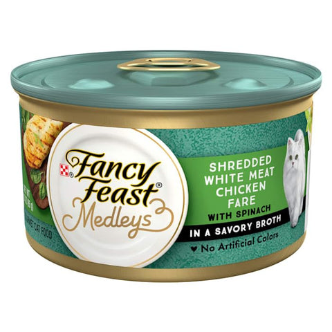 Fancy Feast Medleys Shredded White Meat Chicken Fare with Spinach in a Savory Broth Wet Cat Food, 3 oz., Case of 24