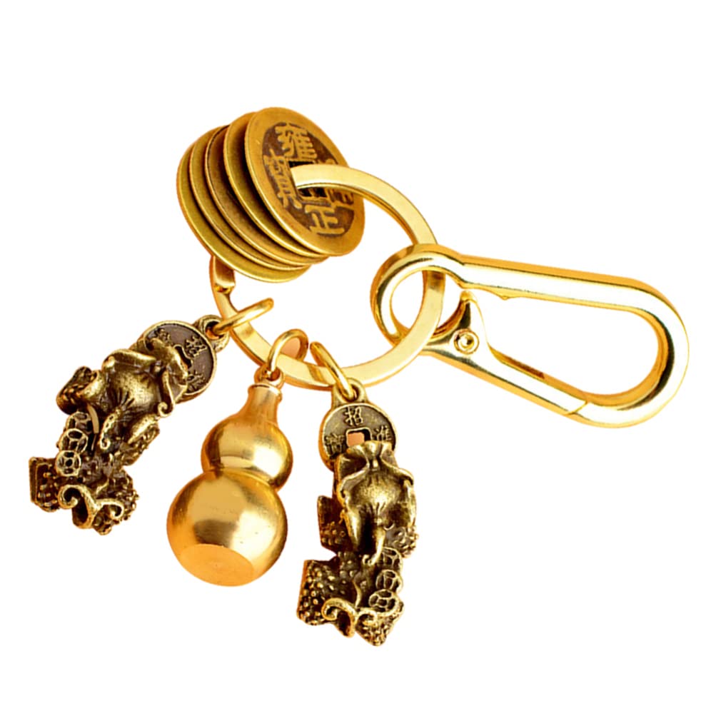 NUOBESTY Wu Lou Key Chain Chinese Gourd Keychain with Feng Shui Coins Brass Fengshui Key Ring for Wealth Fortune Health Good Luck Without Cinnabar Golden