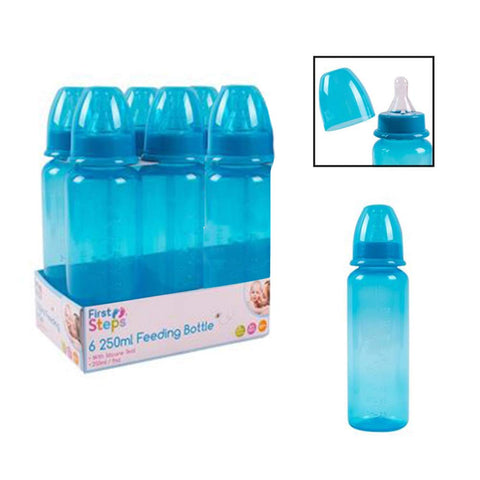 Pack of 6 Baby Bottles Silicone Teat Blue 250ml Set BPA Free Re-usable Plastic