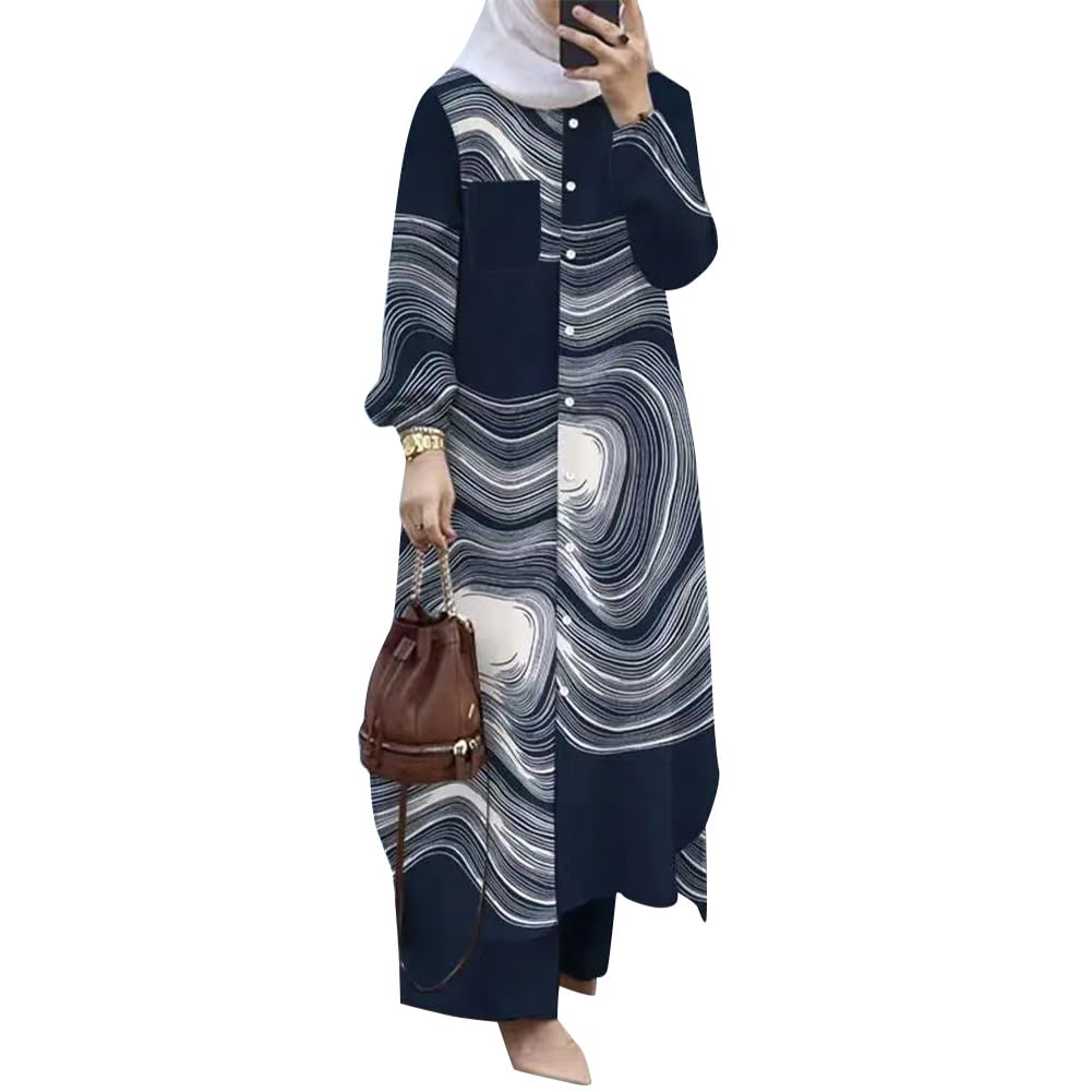 Plus Size Abayas Dress For Women Muslim Long Sleeve Loose Top Pants 2 Pcs Dubai Islamic Muslim Women Matching Sets Prime Muslim Dress On Prime Muslim Dress For Women Prayer Clothes Blue Print S