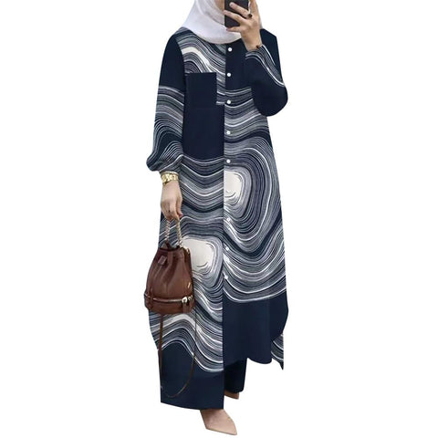 Plus Size Abayas Dress For Women Muslim Long Sleeve Loose Top Pants 2 Pcs Dubai Islamic Muslim Women Matching Sets Prime Muslim Dress On Prime Muslim Dress For Women Prayer Clothes Blue Print S