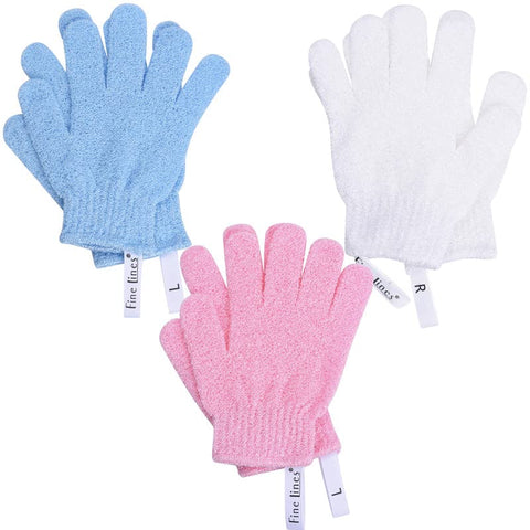 Fine Lines - Body Exfoliating Gloves, 3 Pack | Body Exfoliating Glove for Bath Scrub, Dead Skin Remover | Exfoliating Glove | Body Scrub Glove with Hanging Rings