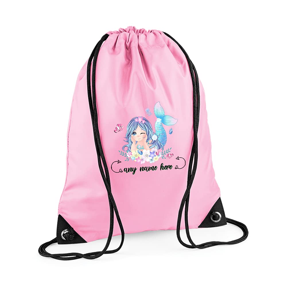 Personalised Cute Beach Mermaid Birthday Party Gift for her, Girl, Daughter, Sister, Niece, Best Friend, Drawstring Bag, PE Gym Kit, Swimming Rucksack. (Classic Pink)