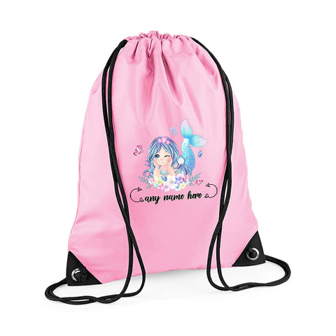 Personalised Cute Beach Mermaid Birthday Party Gift for her, Girl, Daughter, Sister, Niece, Best Friend, Drawstring Bag, PE Gym Kit, Swimming Rucksack. (Classic Pink)