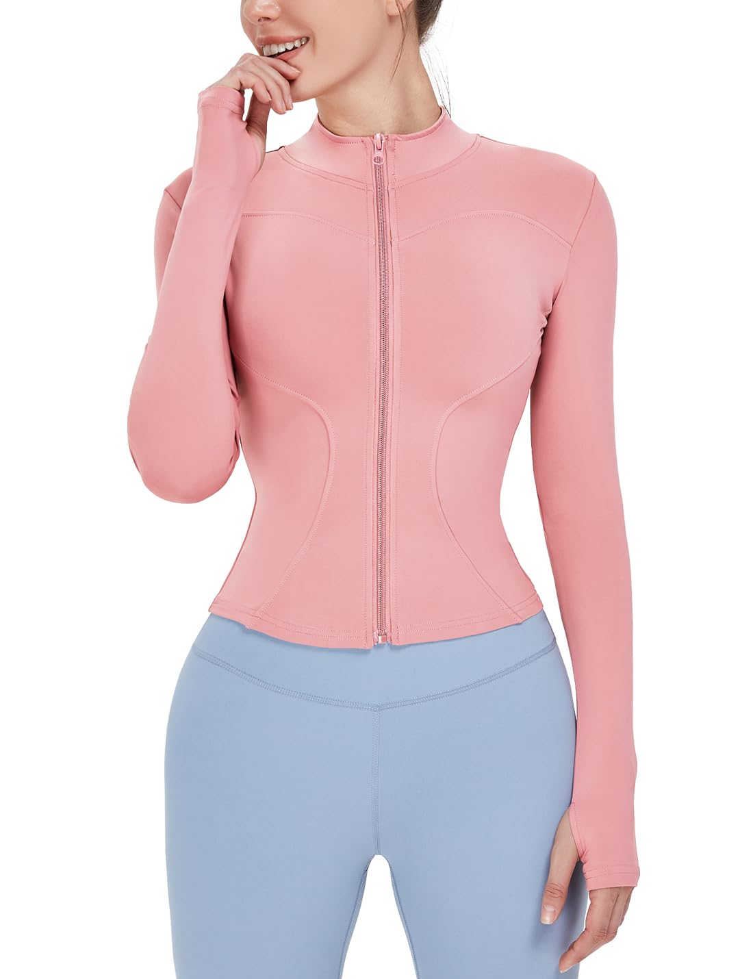 Locachy Women's Lightweight Stretchy Workout Full Zip Running Track Jacket with Thumb Holes Pink XS